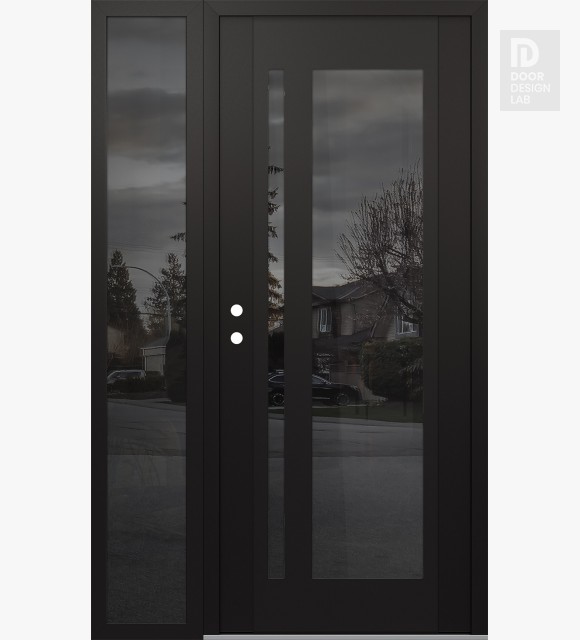 Modern Steel Front Door Diamond C15 52" x 80" black/black mirrored Glass Panel black RHI with Sidelite mirrored Glass