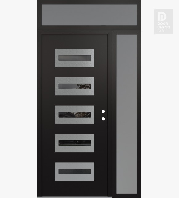 Modern Steel Front Door Diamond D4 52" x 96" black/black mirrored Glass Panel stainless steel LHI with Sidelite and Transom frosted Glass