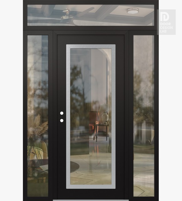 Modern Steel Front Door Diamond C1 68" x 96" black/black clear Glass Panel stainless steel RHI with 2 Sidelites and Transom clear Glass