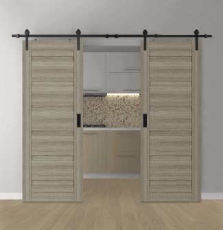 DOUBLE BARN DOOR LOUVER SHAMBOR 36" X 80" X 1 3/4" BLACK HARDWARE