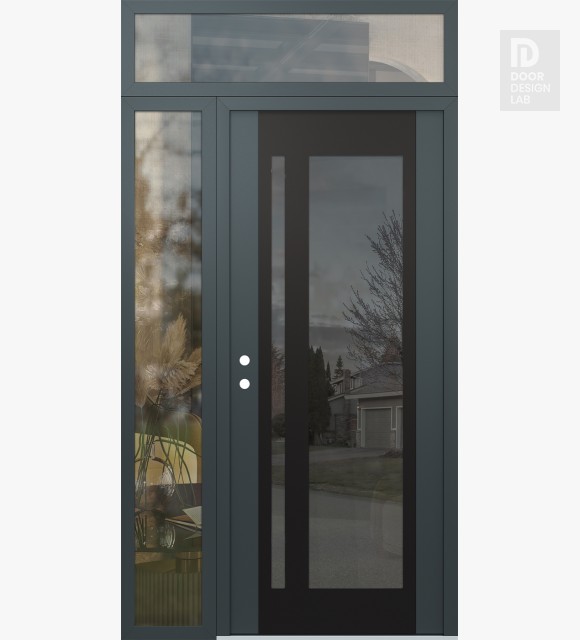 Modern Steel Front Door Diamond C15 50" x 96" anthracite/anthracite mirrored Glass Panel black RHI with Sidelite and Transom clear Glass