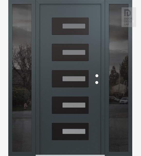 Modern Steel Front Door Diamond D6 60" x 80" anthracite/anthracite frosted Glass Panel black LHI with 2 Sidelites mirrored Glass