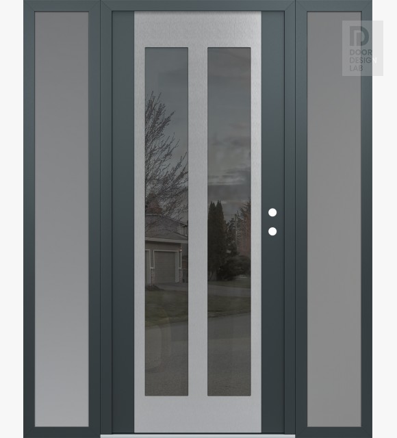 Modern Steel Front Door Diamond C14 60" x 80" anthracite/anthracite mirrored Glass Panel stainless steel LHI with 2 Sidelites frosted Glass