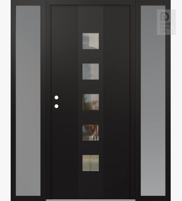 Modern Steel Front Door DIAMOND A13 64" X 80" BLACK/BLACK CLEAR GLASS PANEL BLACK RHI WITH 2 SIDELITES FROSTED GLASS