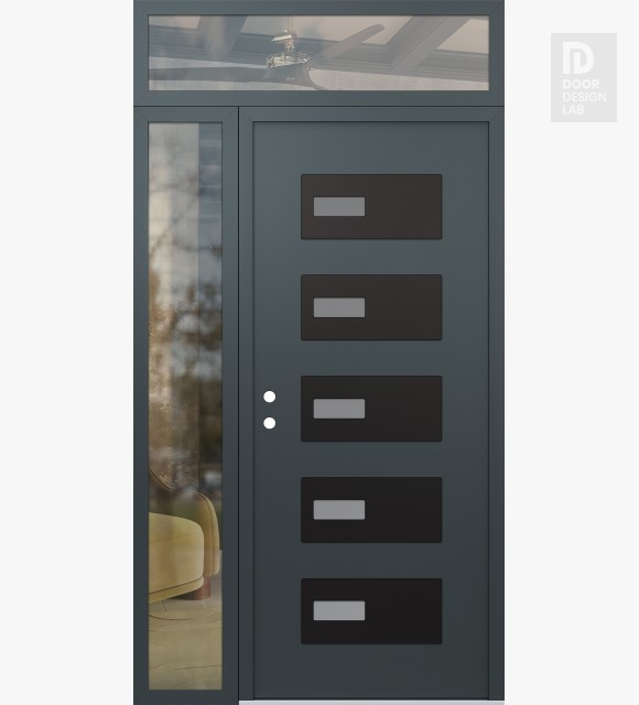 Modern Steel Front Door Diamond D7 50" x 96" anthracite/anthracite frosted Glass Panel black RHI with Sidelite and Transom clear Glass