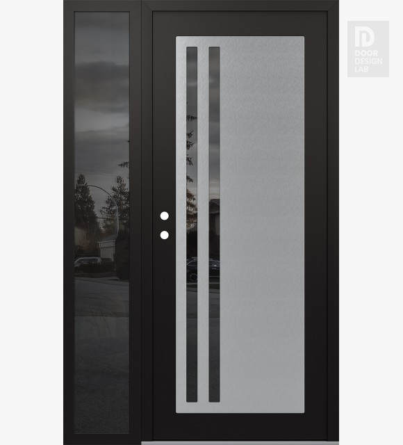 Modern Steel Front Door Diamond C6 52" x 80" black/black mirrored Glass Panel stainless steel RHI with Sidelite mirrored Glass