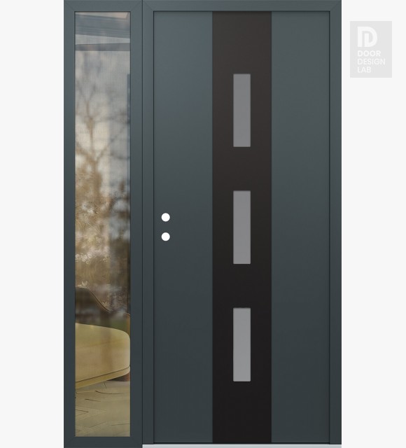Modern Steel Front Door DIAMOND A7 52" X 80" ANTHRACITE/ANTHRACITE FROSTED GLASS PANEL BLACK RHI WITH SIDELITE CLEAR GLASS