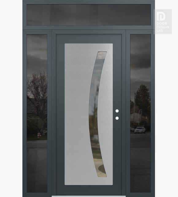 Modern Steel Front Door Diamond C4 68" x 96" anthracite/anthracite clear Glass Panel stainless steel LHI with 2 Sidelites and Transom mirrored Glass