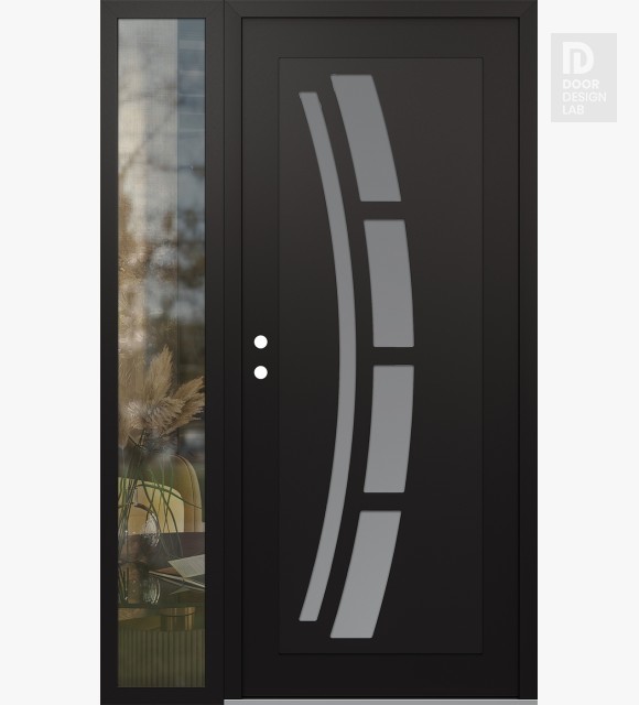 Modern Steel Front Door Diamond C12 50" x 80" black/white frosted Glass Panel black RHI with Sidelite clear Glass