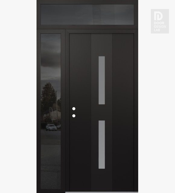 Modern Steel Front Door DIAMOND A6 48" X 96" BLACK/WHITE FROSTED GLASS PANEL BLACK RHI WITH SIDELITE AND TRANSOM MIRRORED GLASS