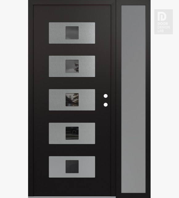 Modern Steel Front Door Diamond D8 50" x 80" black/black mirrored Glass Panel stainless steel LHI with Sidelite frosted Glass