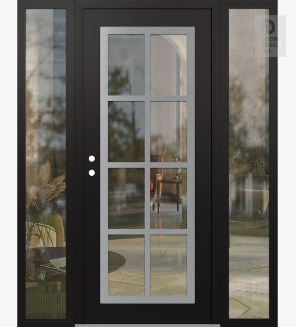 Modern Steel Front Door Diamond C16 64" x 80" black/black clear Glass Panel stainless steel RHI with 2 Sidelites clear Glass