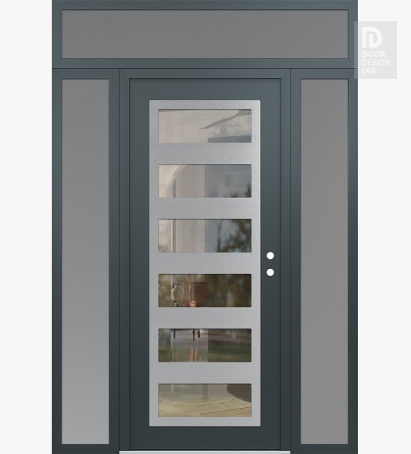 Modern Steel Front Door Diamond C9 68" x 96" anthracite/anthracite clear Glass Panel stainless steel LHI with 2 Sidelites and Transom frosted Glass