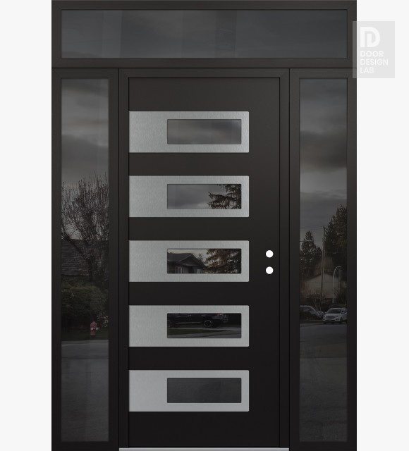 Modern Steel Front Door Diamond D3 68" x 96" black/black mirrored Glass Panel stainless steel LHI with 2 Sidelites and Transom mirrored Glass