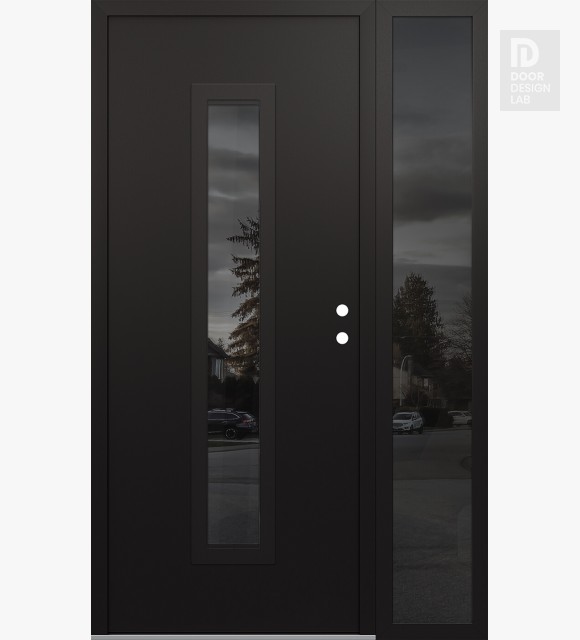 Modern Steel Front Door DIAMOND A11 52" X 80" BLACK/BLACK MIRRORED GLASS PANEL BLACK LHI WITH SIDELITE MIRRORED GLASS