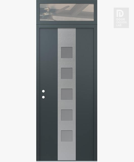 Modern Steel Front Door DIAMOND A13 36" X 96" ANTHRACITE/ANTHRACITE FROSTED GLASS PANEL STAINLESS STEEL RHI WITH TRANSOM CLEAR GLASS