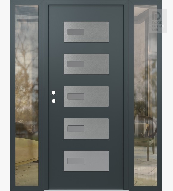 Modern Steel Front Door Diamond D7 64" x 80" anthracite/anthracite frosted Glass Panel stainless steel RHI with 2 Sidelites clear Glass