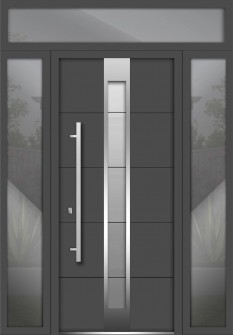 Front Exterior Prehung Steel Door / Deux 1717 Gray Graphite / Stainless Inserts Single Modern Painted-W64" x H96"-Right-hand Inswing