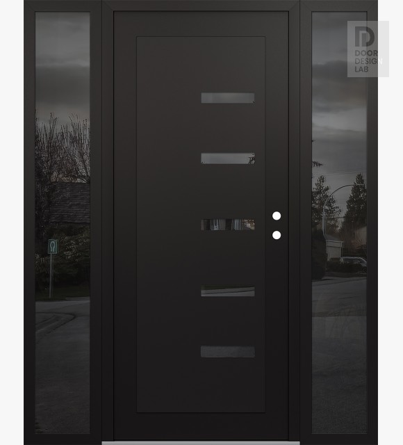 Modern Steel Front Door Diamond C8 68" x 80" black/black mirrored Glass Panel black LHI with 2 Sidelites mirrored Glass