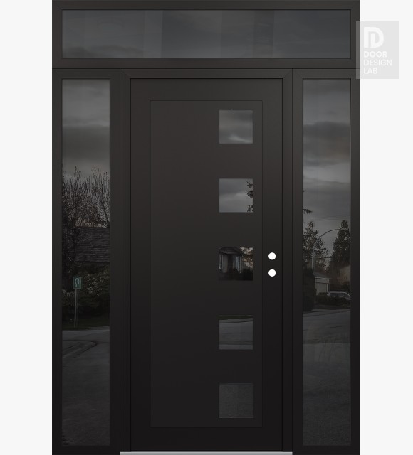 Modern Steel Front Door Diamond C5 68" x 96" black/black mirrored Glass Panel black LHI with 2 Sidelites and Transom mirrored Glass