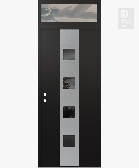 Modern Steel Front Door DIAMOND A12 36" X 96" BLACK/BLACK MIRRORED GLASS PANEL STAINLESS STEEL RHI WITH TRANSOM CLEAR GLASS