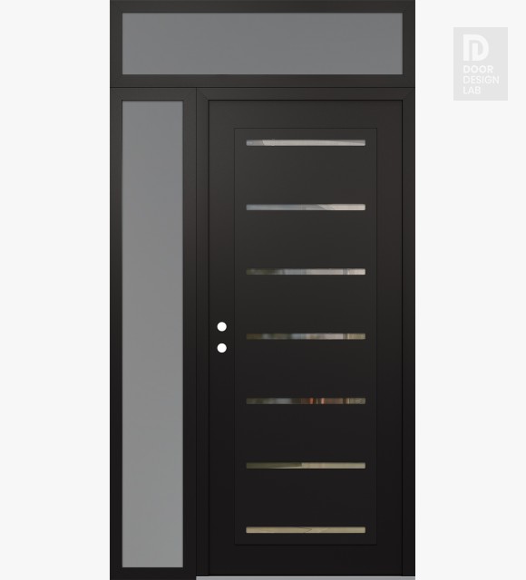 Modern Steel Front Door Diamond C11 50" x 96" black/black clear Glass Panel black RHI with Sidelite and Transom frosted Glass