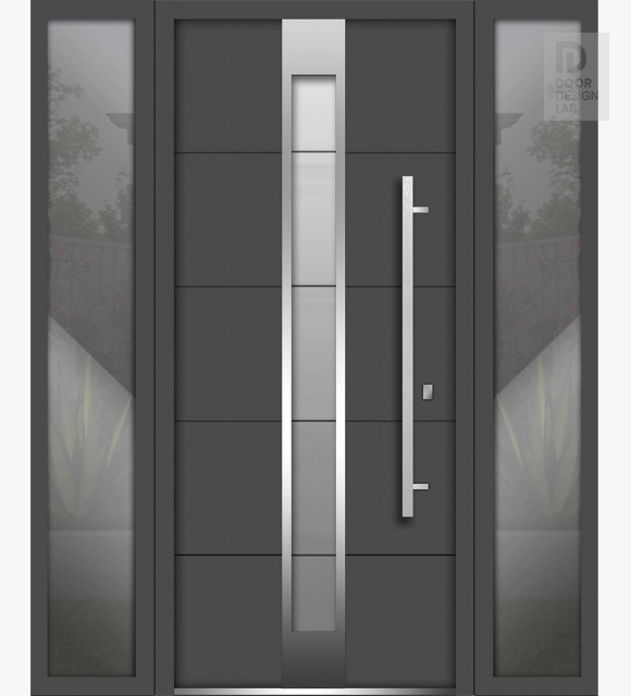 Front Exterior Prehung Steel Door / Deux 1717 Gray Graphite / 2 Side Exterior Windows / Stainless Inserts Single Modern Painted-W14+36+14" x H80"-Left-hand Inswing