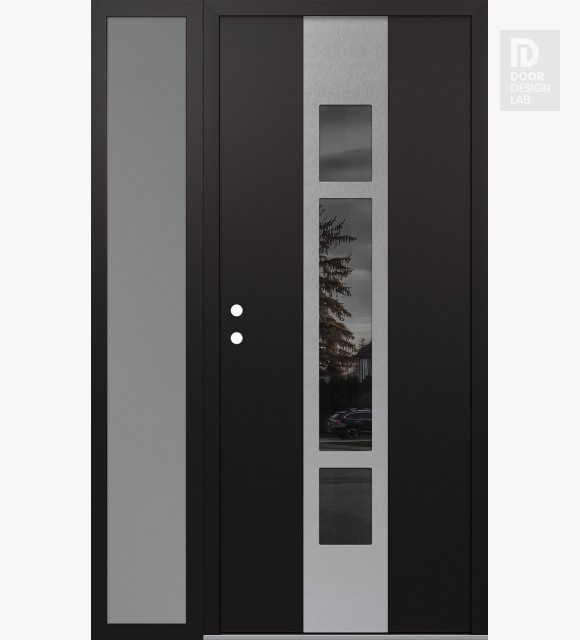 Modern Steel Front Door DIAMOND A9 52" X 80" BLACK/BLACK MIRRORED GLASS PANEL STAINLESS STEEL RHI WITH SIDELITE FROSTED GLASS
