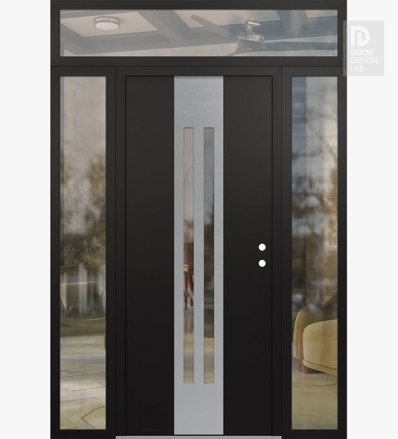 Modern Steel Front Door DIAMOND A8 68" X 96" BLACK/BLACK CLEAR GLASS PANEL STAINLESS STEEL LHI WITH 2 SIDELITES AND TRANSOM CLEAR GLASS