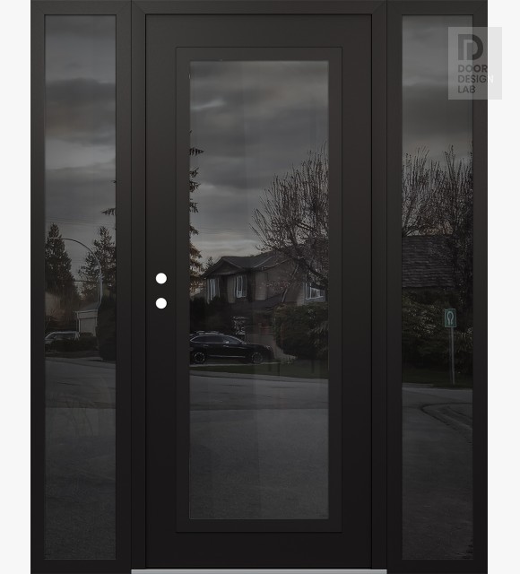 Modern Steel Front Door Diamond C1 64" x 80" black/black mirrored Glass Panel black RHI with 2 Sidelites mirrored Glass