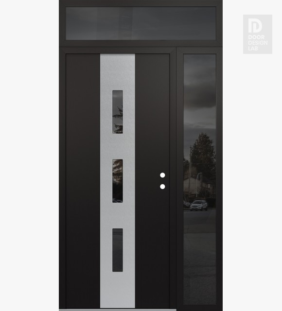 Modern Steel Front Door DIAMOND A7 48" X 96" BLACK/BLACK MIRRORED GLASS PANEL STAINLESS STEEL LHI WITH SIDELITE AND TRANSOM MIRRORED GLASS