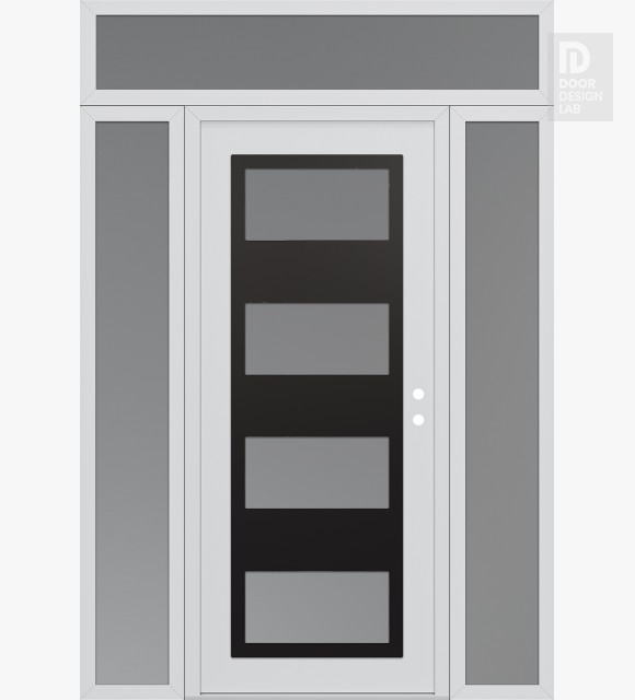 Modern Steel Front Door Diamond C2 68" x 96" white/white frosted Glass Panel black LHI with 2 Sidelites and Transom frosted Glass