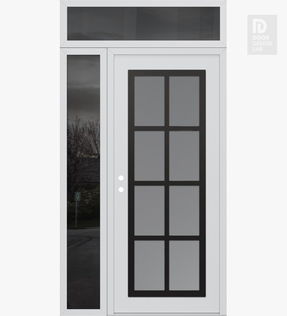 Modern Steel Front Door Diamond C16 52" x 96" white/white frosted Glass Panel black RHI with Sidelite and Transom mirrored Glass