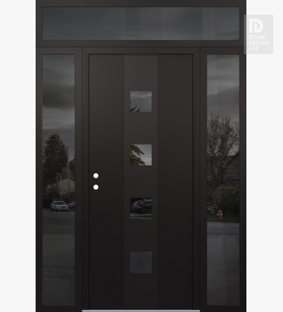 Modern Steel Front Door DIAMOND A12 64" X 96" BLACK/BLACK MIRRORED GLASS PANEL BLACK RHI WITH 2 SIDELITES AND TRANSOM MIRRORED GLASS