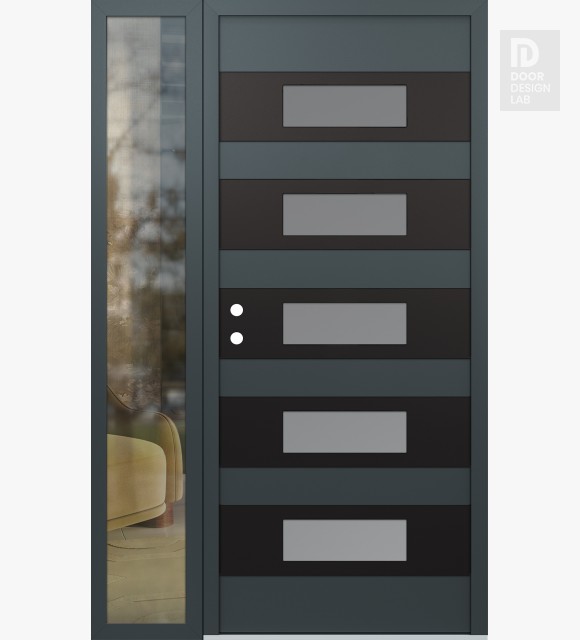 Modern Steel Front Door Diamond D5 52" x 80" anthracite/anthracite frosted Glass Panel black RHI with Sidelite clear Glass