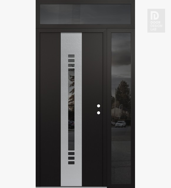 Modern Steel Front Door DIAMOND A5 50" X 96" BLACK/BLACK MIRRORED GLASS PANEL STAINLESS STEEL LHI WITH SIDELITE AND TRANSOM MIRRORED GLASS