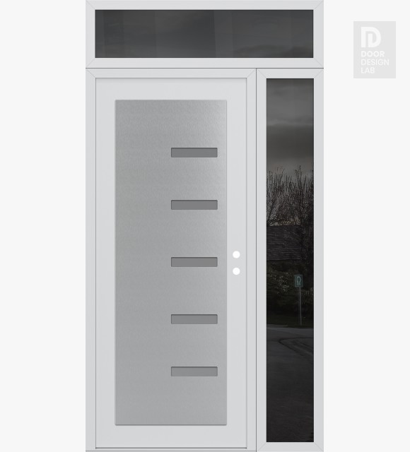 Modern Steel Front Door Diamond C8 52" x 96" white/white frosted Glass Panel stainless steel LHI with Sidelite and Transom mirrored Glass