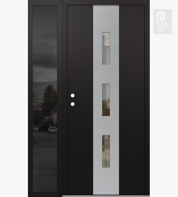 Modern Steel Front Door DIAMOND A7 50" X 80" BLACK/BLACK CLEAR GLASS PANEL STAINLESS STEEL RHI WITH SIDELITE MIRRORED GLASS