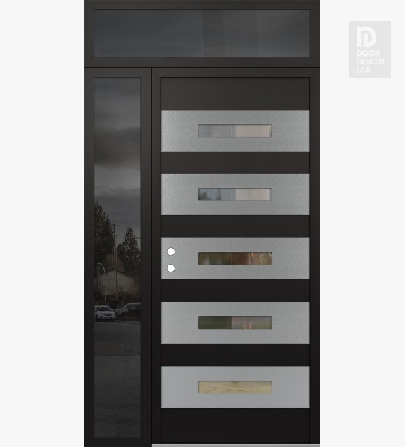 Modern Steel Front Door Diamond D9 50" x 96" black/black clear Glass Panel stainless steel RHI with Sidelite and Transom mirrored Glass