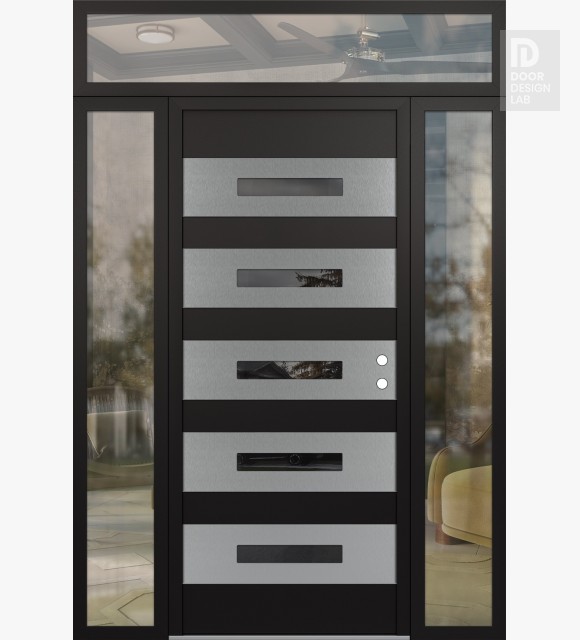 Modern Steel Front Door Diamond D9 68" x 96" black/black mirrored Glass Panel stainless steel LHI with 2 Sidelites and Transom clear Glass