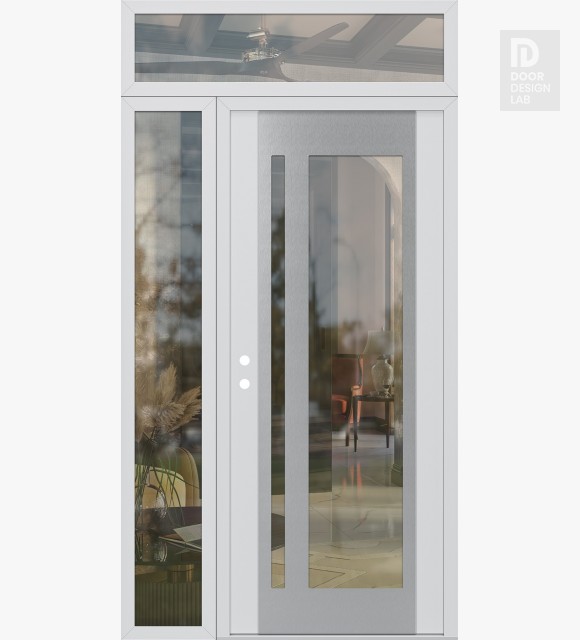 Modern Steel Front Door Diamond C15 52" x 96" white/white clear Glass Panel stainless steel RHI with Sidelite and Transom clear Glass