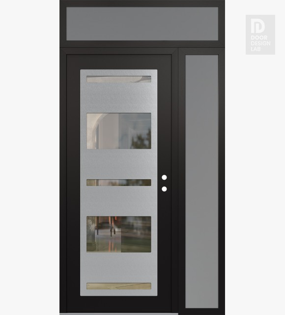 Modern Steel Front Door Diamond C10 50" x 96" black/black clear Glass Panel stainless steel LHI with Sidelite and Transom frosted Glass