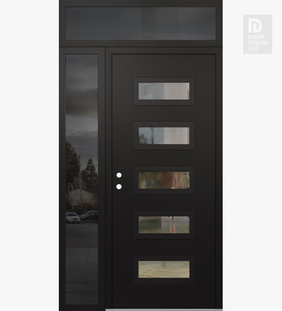 Modern Steel Front Door Diamond D1 52" x 96" black/black clear Glass Panel black RHI with Sidelite and Transom mirrored Glass