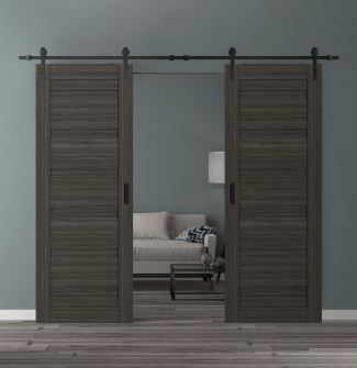 DOUBLE BARN DOOR LOUVER GRAY OAK 64" X 96" X 1 3/4" BLACK HARDWARE