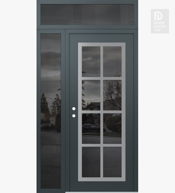 Modern Steel Front Door Diamond C16 48" x 96" anthracite/anthracite mirrored Glass Panel stainless steel RHI with Sidelite and Transom mirrored Glass