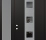 Modern Steel Front Door DIAMOND A12 48" X 96" BLACK/BLACK MIRRORED GLASS PANEL STAINLESS STEEL RHI WITH SIDELITE AND TRANSOM FROSTED GLASS