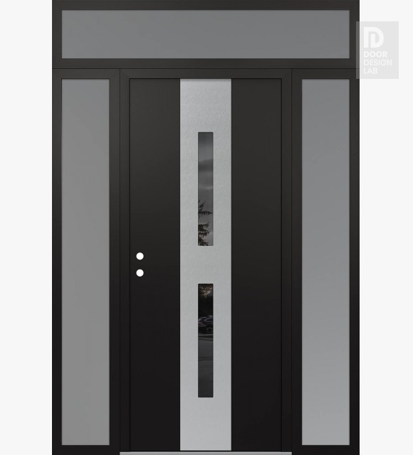 Modern Steel Front Door DIAMOND A6 60" X 96" BLACK/BLACK MIRRORED GLASS PANEL STAINLESS STEEL RHI WITH 2 SIDELITES AND TRANSOM FROSTED GLASS