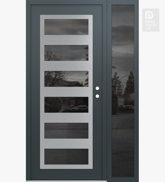 Modern Steel Front Door Diamond C9 52" x 80" anthracite/anthracite mirrored Glass Panel stainless steel LHI with Sidelite mirrored Glass