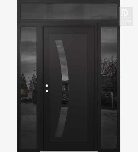 Modern Steel Front Door Diamond C4 64" x 96" black/black mirrored Glass Panel black RHI with 2 Sidelites and Transom mirrored Glass