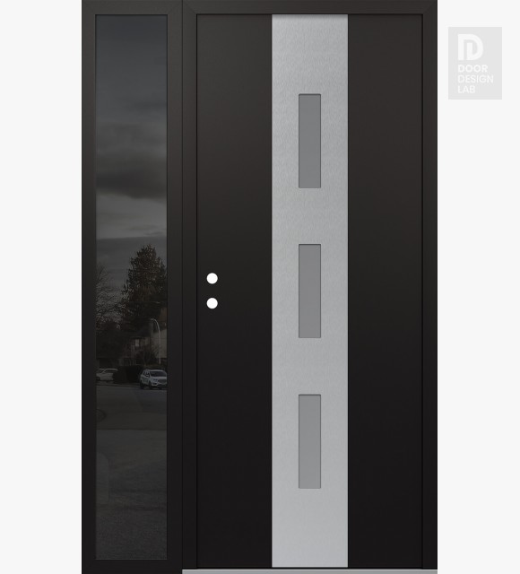 Modern Steel Front Door DIAMOND A7 48" X 80" BLACK/WHITE FROSTED GLASS PANEL STAINLESS STEEL RHI WITH SIDELITE MIRRORED GLASS